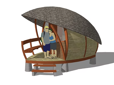 Cozy Wooden Thatched Roof Hut With Two People Bench And Steps Structure 3d model
