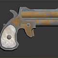 Ornate Decorative Revolver With Orange Carved Patterns And Mother Of Pearl Grip