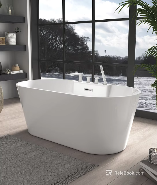 Stylish White Freestanding Bathtub By Large Window With Natural View And Wooden Floor 3d model 