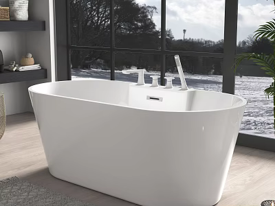 Stylish White Freestanding Bathtub By Large Window With Natural View And Wooden Floor 3d model