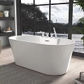 Stylish White Freestanding Bathtub By Large Window With Natural View And Wooden Floor