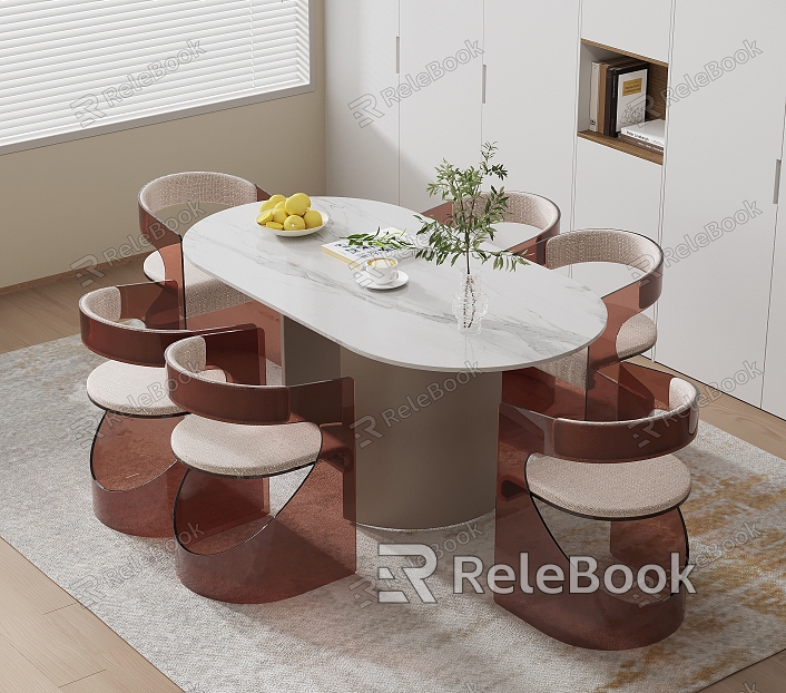 Modern Dining Table and Chair Long Semi-round Dining Table Acrylic Dining Chair Marble Countertop Dining Table Vase Fruit model