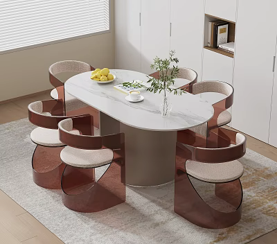 Modern Oval White Dining Table with Six Brown Chairs Adorned with Lemons and Green Plant 3d model