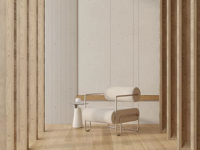 Stylish Single Sofa In Room With Wooden Decor Light Colored Walls And Wooden Flooring 3d model