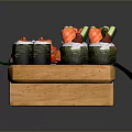 Sushi Platter With Various Rolls Salmon And Vegetables On Wooden Tray With Chopsticks