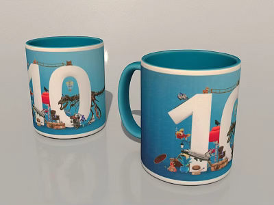 Blue Ceramic Kitchen Mugs With Number 10 And Cartoon Designs For Daily Use 3d model
