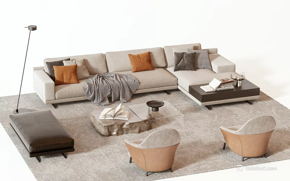 Modern Beige L Shaped Sofa with Orange Gray Cushions and Marble Coffee Table Set 3d model 