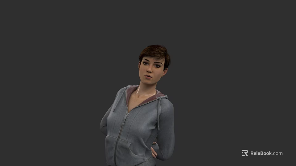 Woman in Gray Zip Up Hoodie Standing Against Gray Background with Short Hair 3d model 