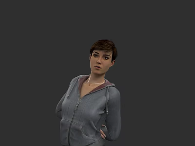 Woman in Gray Zip Up Hoodie Standing Against Gray Background with Short Hair 3d model