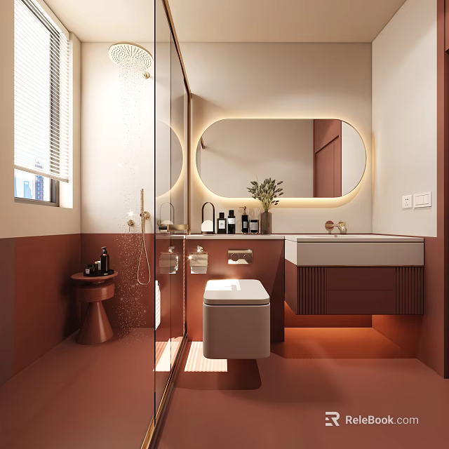 Modern Warm Tone Bathroom Interior With Round Backlit Mirror Shower Sink Cabinet And White Toilet 3d model 