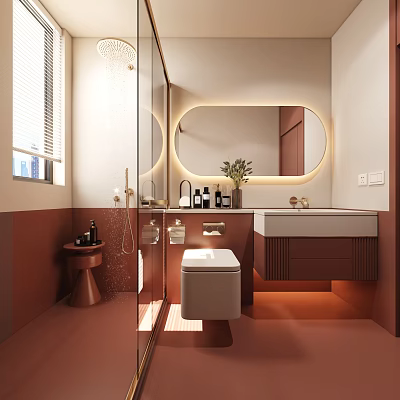 Modern Warm Tone Bathroom Interior With Round Backlit Mirror Shower Sink Cabinet And White Toilet 3d model