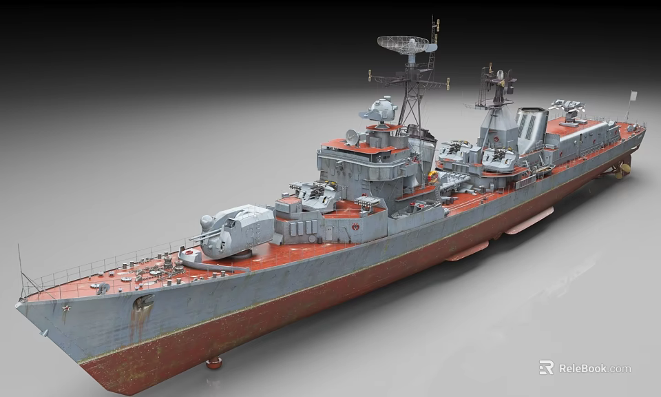 Realistic Warship Model With Gray Hull Red Bottom Radar And Turrets 3d model 