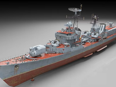 Realistic Warship Model With Gray Hull Red Bottom Radar And Turrets 3d model