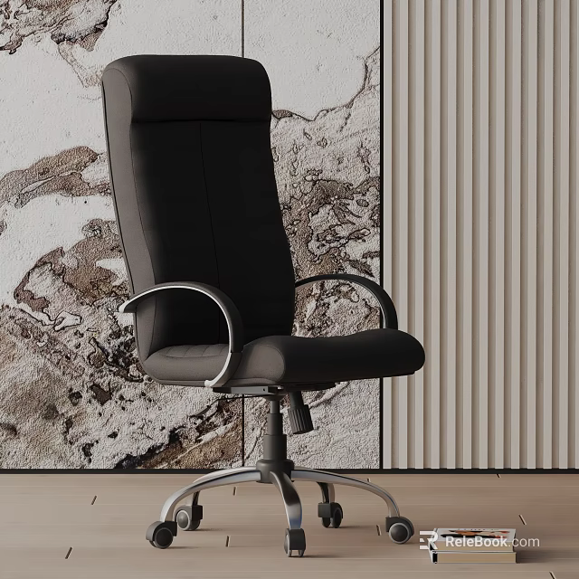 Modern Black Leather Office Chair with Silver Armrests Metal Base and Wheels Against Textured Wall 3d model 