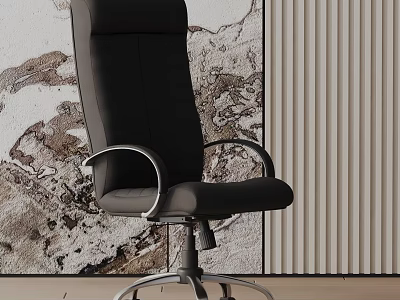 Modern Black Leather Office Chair with Silver Armrests Metal Base and Wheels Against Textured Wall 3d model