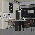 Modern Restaurant Interior With Open Design White Cabinets Dining Table Chairs And Hanging Light