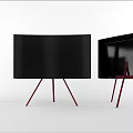 Curved and Flat Screen TVs on Red Tripod Stands with Scenic Display Features