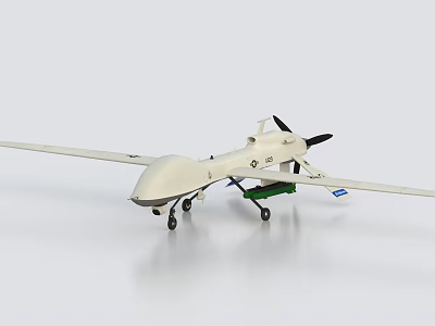 White Unmanned Fighter Jet Static Display With Long Wingspan Green Payload And Landing Gear 3d model