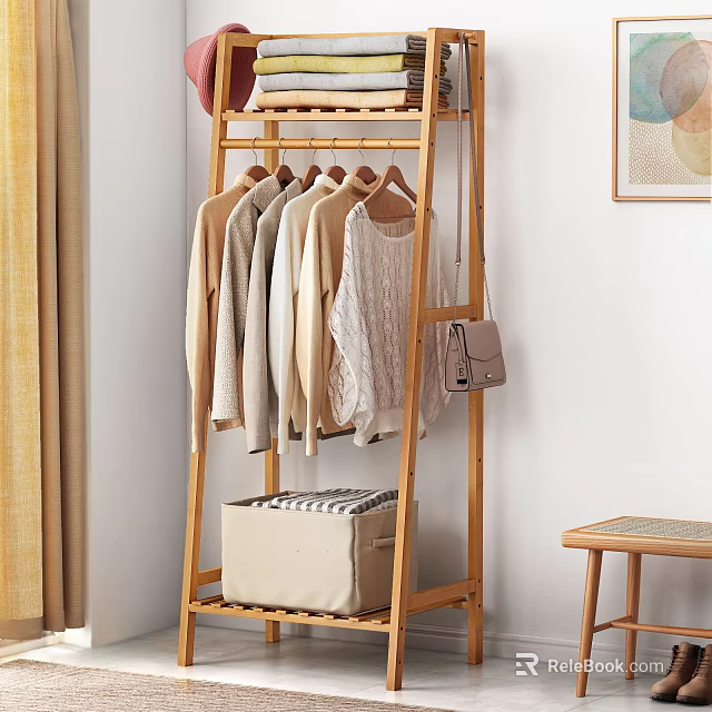 Wooden Clothes Rack with Hanging Clothes Storage Basket and Small Stool 3d model 