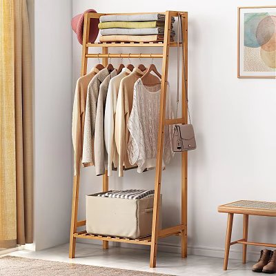 Wooden Clothes Rack with Hanging Clothes Storage Basket and Small Stool 3d model