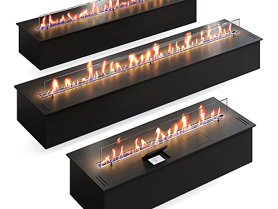 Modern Black Linear Fireplace With Realistic Flame For Home Interior Design 3d model