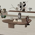Wooden Curved Coffee Table with Open Book Vase Pinecone and Rabbit Doll on Rug