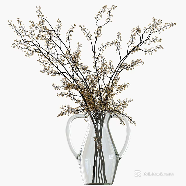 Transparent Glass Vase With White Handles Holding Brown Branches And Golden Flowers 3d model 