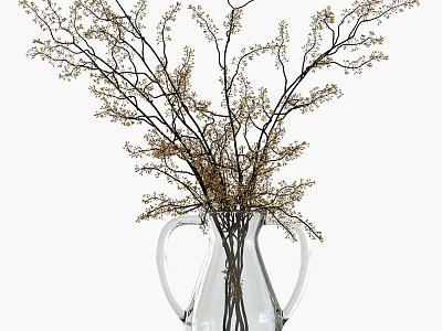 Transparent Glass Vase With White Handles Holding Brown Branches And Golden Flowers 3d model