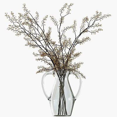 Transparent Glass Vase With White Handles Holding Brown Branches And Golden Flowers 3d model