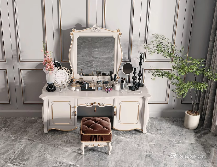 Elegant White and Gold Dressing Table with Mirror Cosmetics and Stool on Marble Floor 3d model 