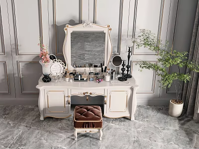 Elegant White and Gold Dressing Table with Mirror Cosmetics and Stool on Marble Floor 3d model