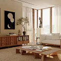 Warm Beige Living Room Interior With Large Windows Curtains White Sofa And Wooden Coffee Table