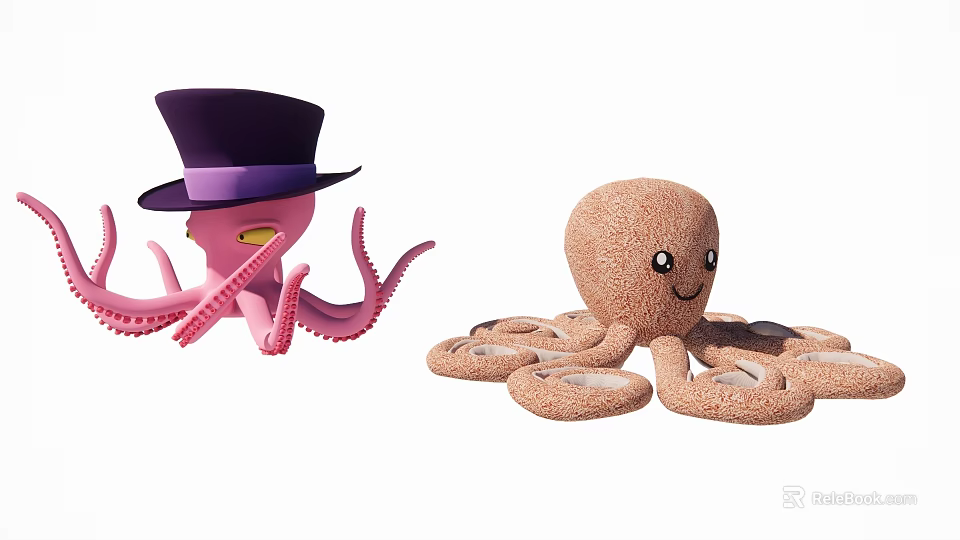 Pink Octopus Wearing Top Hat With Brown Octopus Plush Toy 3d model 