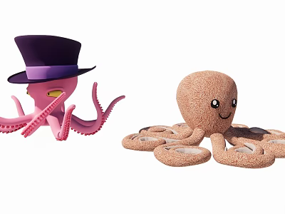Pink Octopus Wearing Top Hat With Brown Octopus Plush Toy 3d model