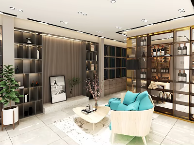 Contemporary Interior Space With Blue Sofa Light Chair Coffee Table Bookshelves And Plants 3d model