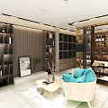 Contemporary Interior Space With Blue Sofa Light Chair Coffee Table Bookshelves And Plants
