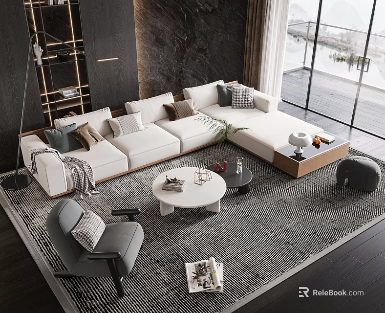 Modern Sofa And Coffee Table Set With Plush Cushions And Area Rug In Living Room 3d model 