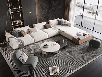 Modern Sofa And Coffee Table Set With Plush Cushions And Area Rug In Living Room 3d model
