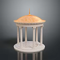 Classical Gazebo Structure With Golden Dome And White Columns On Circular Base