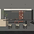 Modern Tea Room Interior With Long Tea Table Round Stools And Dark Cabinets 3d model