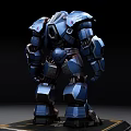 Smart Machine Blue Mech with Glowing Red Parts Standing on Black Platform