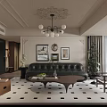 Luxurious Living Dining Room Interior With Black Leather Sofa Wooden Coffee Table And Chandelier