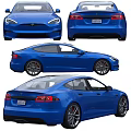 Blue Tesla Electric Car Exterior Sporty Wheels And Interior Touchscreen