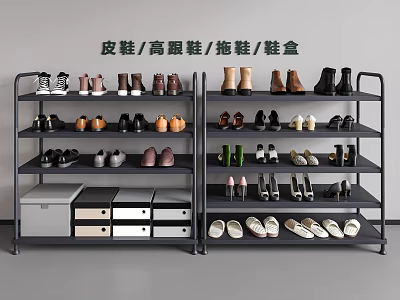 Organized Shoe Rack With Leather Shoes High Heels Slippers And Storage Boxes 3d model