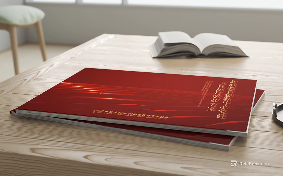 Red Covered Books and Magazines Open on Wooden Table with Design Elements 3d model
