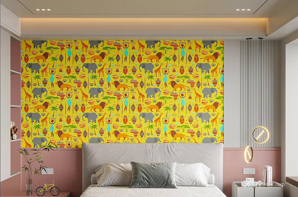 Vibrant Yellow Bedroom Interior With Animal Plant Pattern Wallpaper And Cozy Bed 3d model 
