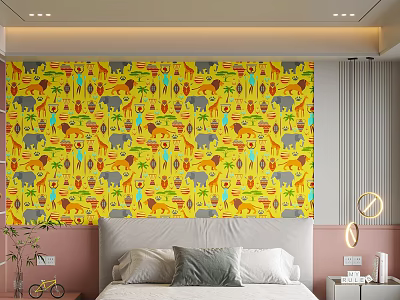 Vibrant Yellow Bedroom Interior With Animal Plant Pattern Wallpaper And Cozy Bed 3d model