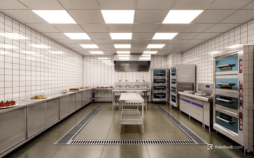 Commercial Restaurant Kitchen Interior Design With Stainless Steel Equipment Tiled Walls And Ceiling Lights 3d model 
