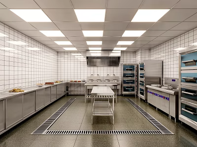 Commercial Restaurant Kitchen Interior Design With Stainless Steel Equipment Tiled Walls And Ceiling Lights 3d model