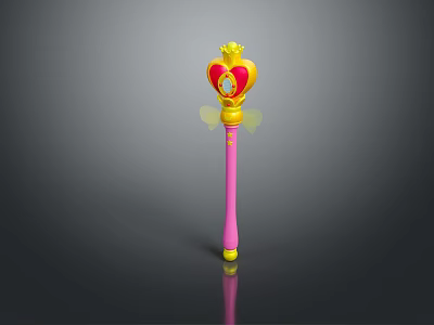 Magic Wand Weapon With Pink Shaft Red Heart Top Golden Accents And Yellow Wings 3d model